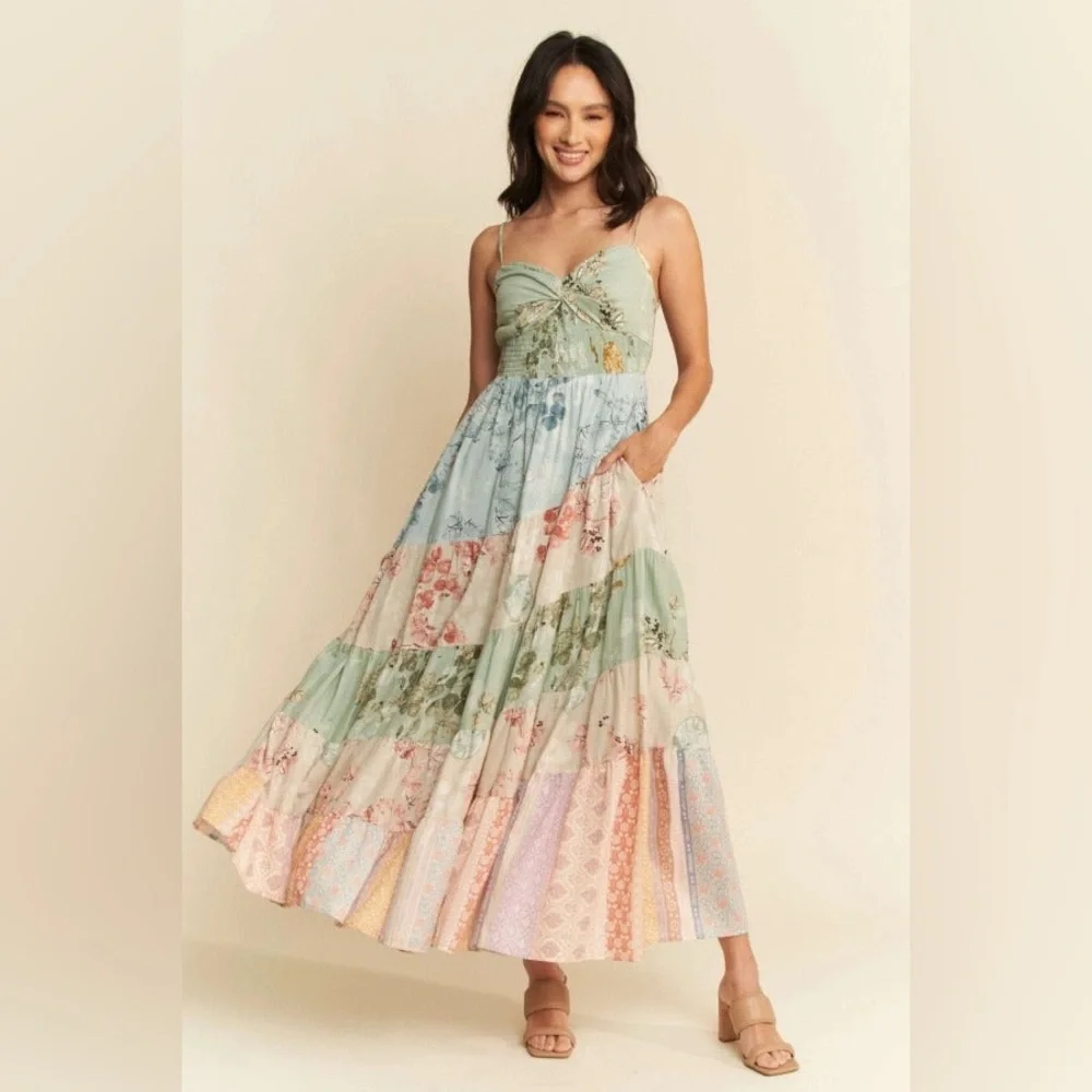 Boho Floral Patchwork Tiered Maxi Dress - Davi & Dani - Picture 1 of 7